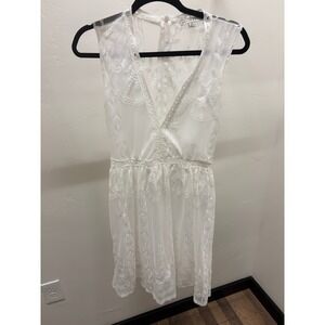 Haute Monde White Lace Floral Embroidered V-Neck Mini Dress Womens Medium Boho